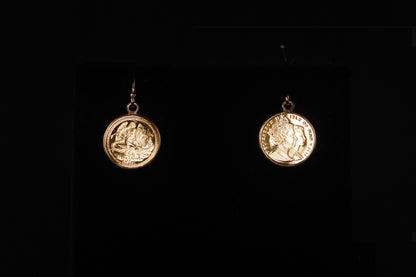 Gold Michael Slaying a Dragon Dangle Earrings